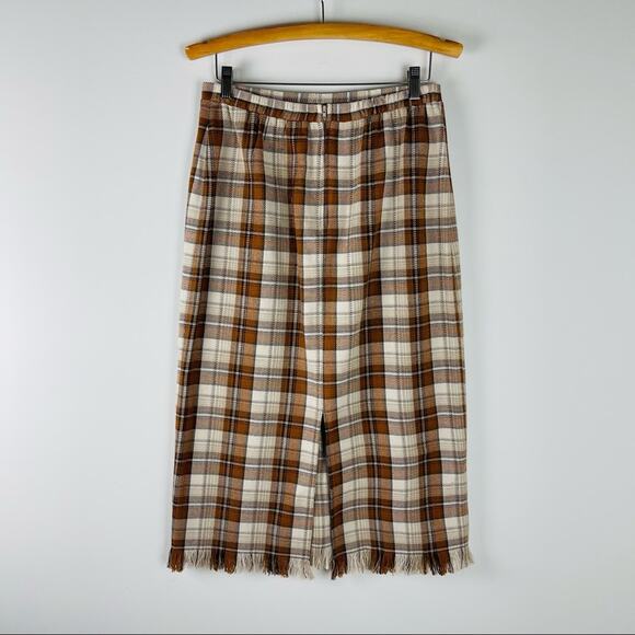 Vintage orange tan plaid preppy academia fringe midi skirt 12P - Picture 6 of 8
